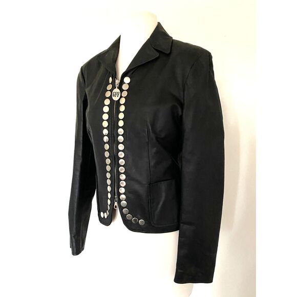 VTG Gianfranco Ferre Black Leather Jacket Italian Metal Buttons Collector Sz 10 - Picture 4 of 16